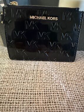 Michael Kors Black Patent Embossed MK Zip Card Holder